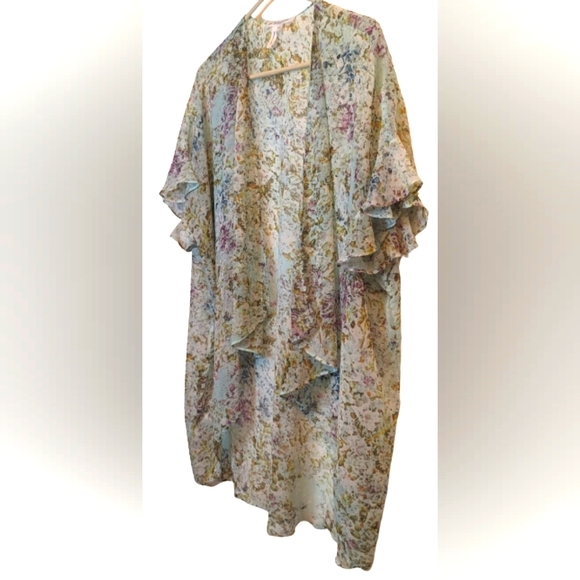 EUC BCBGeneration gorgeous blue grn purple ruffle short sleeve open front sheer - Picture 8 of 11